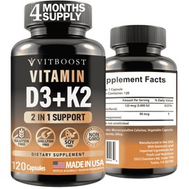 VITBOOST Vitamin D3 K2 Complex - Easy to Swallow - Vitamin D (D3) 5000 IU (125 mcg) & K2(MK-7) 90 mcg | Non-GMO | Gluten-Free | USA Made | 120 Capsules