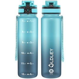 OLDLEY 32 oz Water Bottle, Motivational Water Bottle with Time Marker, Sports Water Bottle With Strap, Leakproof & BPA Free Large Water Bottles for School, Gym, Travel, Outdoor, Tritan,Blue&Gray