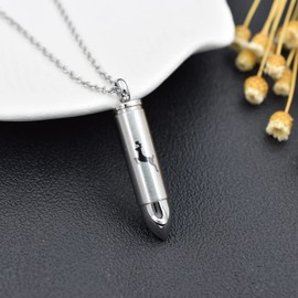 Bullet Cremation Jewelry for Ashes Vial Deer Engraved Urn Necklace Stainless Steel Ash Container Keepsake Pendant Memorial Jewelry for Men Women (Silver)