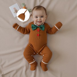 Baby Boy Girl Gingerbread Man Costume Newborn Infant Ginger Bread Knitted Footie Romper Outfit Toddler Cookie Clothes (Khaki, 3-6 Months)