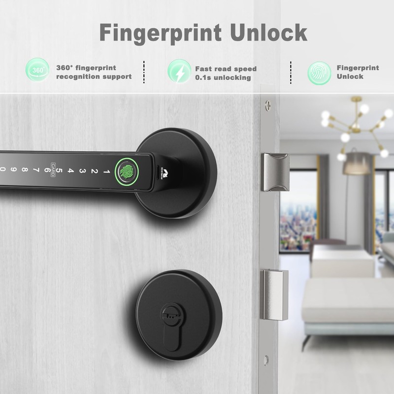 Smart Door Lock Set, Fingerprint, Passcode, Cards, App Control, Keyless