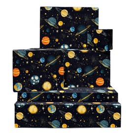 Space Wrapping Paper - 6 Sheets Galaxy Wrapping Paper - Planets and Stars - Black Wrapping Paper - Space Gifts for Boys and Girls - with Stickers - by Central 23