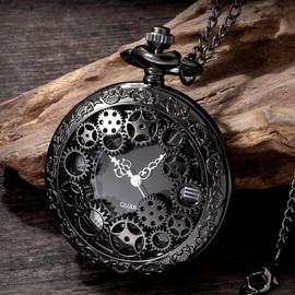 Steampunk Copper Vintage Hollow Gear Hollow Quartz Pocket Watch Necklace Pendant Clock Cha