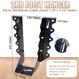 20 PCS 2x8 Joist Hanger,Black Powder-Coated,18 Gauge Galvanizing Face Mount,for Rafter Hurricane Ties Joist Hangers, Tie Brackets for Floor Deck and Ceiling Trusses (2"x 8", 20PCS)