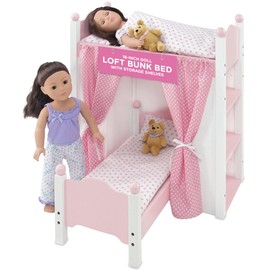 Emily Rose 18-inch Doll Pink Loft Bunk Bed with Bedding Sets & Ladder | Baby Doll Bunkbed Includes Accessory Storage Shelves - Mini Furniture Toy for Kids Girls | USA Business