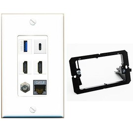 RiteAV USB 3 USB C 2 HDMI Coax Cat7 Wall Plate - 1 Gang w-Bracket [White/White]