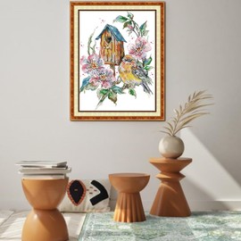 IUHUI 14 Count Stamped Cross Stitch Kits for Beginners Adults, Bird's Nest Wreath Pre-Printed DIY 14ct Embroidery Sewing Starter Kit Needlework Easy Patterns