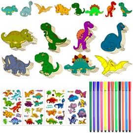 FYSL 40 Pieces Dinosaur Wooden Craft Set, Dinosaur Crafts for Painting, Wooden Craft Sets for Children, Creative Art Craft Supplies, Children's Birthday Crafts with 12 Colouring Pencils