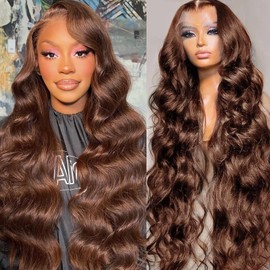 Chocolate Brown 13x6 Transarent HD Lace Front Wigs 22 Inch Human Hair Body Wave 200% Density Glueless Wigs Pre Plucked Hairline with Baby Hair 4# Dark Brown Color