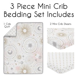 Sweet Jojo Designs Blush Pink Gold Star and Moon Girl Baby Mini Crib Bedding Set for Infant Nursery Room Newborn Blanket and Portable Pack n Play Sheets 3pc Grey Celestial Sky Stars Gray Shabby Chic