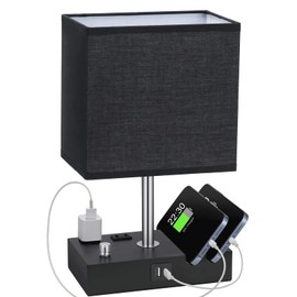 Kakanuo Table Lamp for Bedroom with Dual USB Ports, Fully Dimmable Black Bedside Lamp with Phone Stands and 2 Charging Outlets, Desk Lamp for Nightstand and Living Room, LED Bulb Included