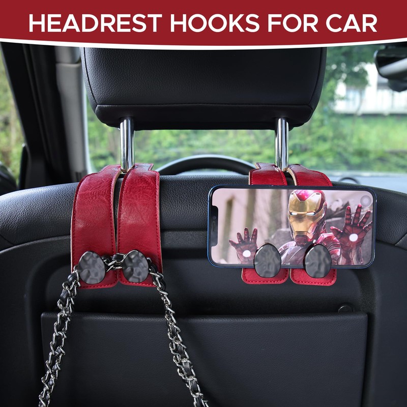 URIZZD 2PCS Leather Car Seat Hooks for Headrest, Vehicle Hanger