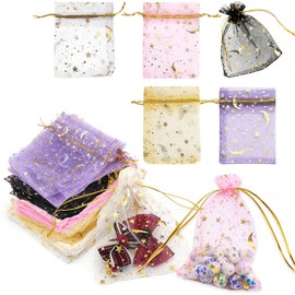 ESJNK Organza Drawstring Bags, 5 Colors, Set of 50, Gift Wrapping Bags, Gift Bags, Foil Stamped, Stars and Moon, Solid, Transparent, Small Storage, Jewelry Storage, Birthdays, Weddings, Presents, Wrapping, Divided Bags (5 Colors, 3.5 x 4.7 inches (9 x 12