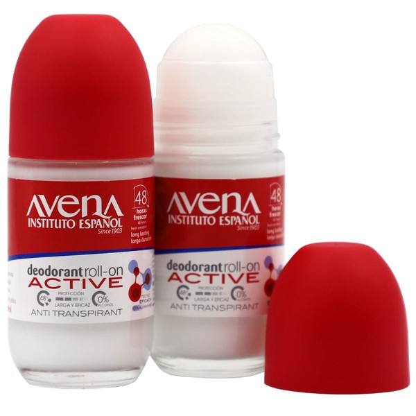 Avena Instituto Español Deodorant Active, Roll-On, Long-Lasting, Non-Alcohol, 2-Pack of 2.53 FL Oz, 2 Bottles