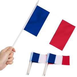France Stick Flag, ANLEY French 5x8 inch (12 X 20cm) HandHeld Mini Flag With 12" (30cm) White Solid Pole - Vivid Color and Fade Resistant - 5 x 8 inch Hand Held Stick Flags With Spear Top (1 Dozen)
