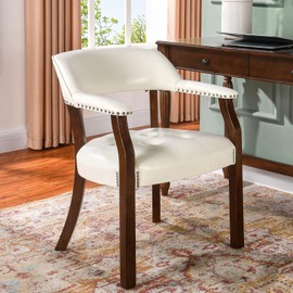 MODERION Solid Wood Dining Chairs with Upholstered,Office Desk Chair with Arms. Faux Leather Boss Captain's Chairs,Classic Accent Chairs for Dining Room, Living Room Cherry Walnut Legs & White NX173C
