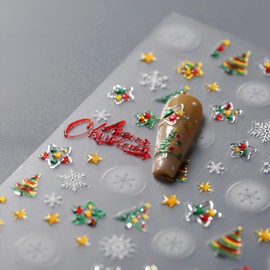 5D Embossed Nail Art Snowflakes Stickers Colorful Christmas Tree Nail Stickers Jelly Star Snowflake Nail Decals Winter Nail Design Holiday Merry Christmas Letters Nail Supplies for Women Girls 1Pcs