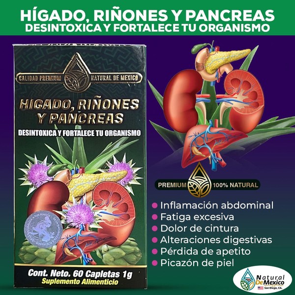 Natural de Mexico USA Suplemento Higado Rinon y Pancreas Liver Kidneys & Pancreas Supplement 60 Caplets
