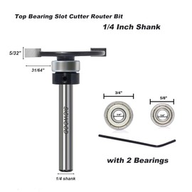 Top Bearing Slot Cutter Router Bit - 1/4 Inch Shank, with 2 Bearings 3/4" and 5/8", Cutting Height 5/32", Wood Slotting Cutter Bit, for Groove Edges