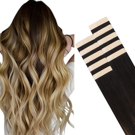 HOTBANANA Tape in Hair Extensions - 12 Inch 10pcs 20g Balayage Dark Brown to Light Brown and Ash Blonde - Straight Human Hair