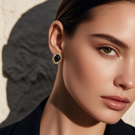 Jean Beau Gold Chunky Black Stone Stud Earrings for Women, Valentine Trendy Natural Gemstone Square Hypoallergenic Earring Jewelry Gift