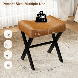 Ottoman Foot Rest, 18 inch Leather Vanity Stool Chair, Thick Padded Saddle Seat with Metal X-Leg, Small Chair Under Desk for Vanity, Living Room, Couch-Brown