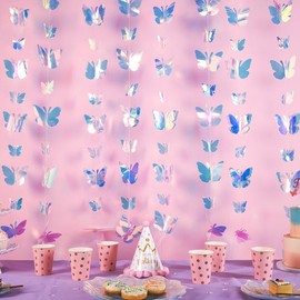 4PCS Butterfly Garland Butterfly Birthday Decorations 3D Iridescent Butterfly Hanging Garland for Graduation Wedding Birthday Fairly Baby Shower Photo Booth Party Decor