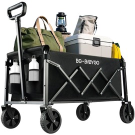 BG-BABYGO Collapsible Wagon Carts, Large Capacity Foldable Heavy Duty Garden Carts with Adjustable Handle, Utility Grocery Beach Wagon for Outdoor Camping, Shopping, Fishing and Sports - Black