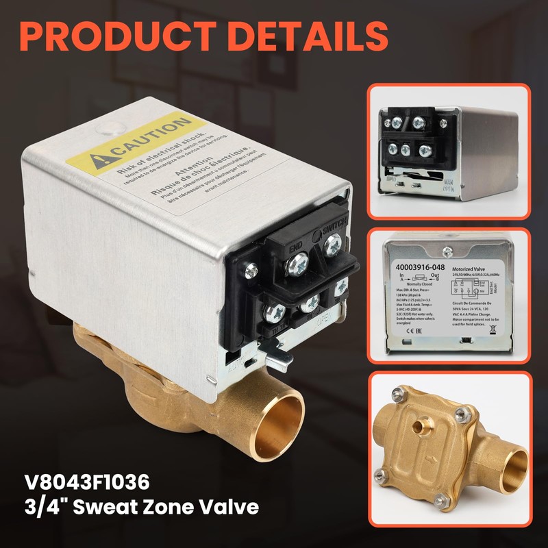 CELLGOKO V8043F1036 3/4" Zone Valve,Replaces V8043F1093,40003916-048/U Replacement Head Actuator,24V,2-Way,4-Wire Actuator,