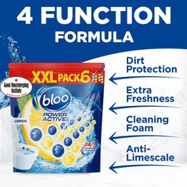 Bloo Power Active Toilet Rim Block XXL pack (300g = 6x50g), Toilet Rim Block with Fresh Lemon Scent, Hanging Toilet Bowl Rim Block with Anti-Limescale Formula