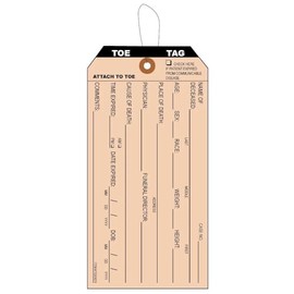 25 Pre-Strung Coroner and Funeral Toe Identification Tags. Morgue Toe Tags are Printer in Black Ink on Manila Card Stock, with Reinforced Eyelet. Tag Size: 5 1/4" x 3 5/8"