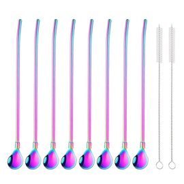 SBOMHS Reusable Straws Spoons 18/8 Stainless Steel Pack of 8 Straw Spoons with 2 Brushes Cocktail Latte Macchiato Spoon 21.5 cm (Rainbow)