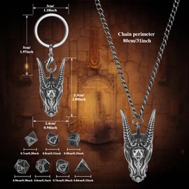 Mini DND Dice Set with Portable Key Ring, Necklace, Hollow Dragon Head Cage, Tiny 7-Piece Polyhedral Metal D&D Dice Set, DND Gifts with Gift Bags, Dark Silver