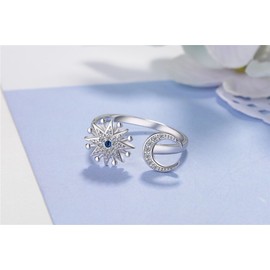 BROWOL Partnership Rings Women's Rings 925 Sterling Silver Engagement Rings Open Ring Moon Sapphire 5A Cubic Zirconia Moon and Sun Romance Love Flowers Stars Silver Rings, Silver, Cubic Zirconia