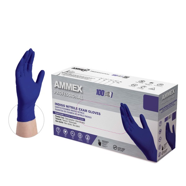 AMMEX Indigo Nitrile Exam Gloves, 3 Mil, Latex Free, Powder Free, Textured, Disposable, Non-Sterile, Food Safe