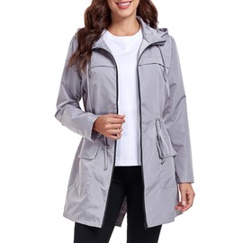 Qyuagle Women Waterproof Long Raincoat Lightweight Packable Hooded Rain Jacket Grey XL
