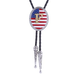 Fibbadet Bolo Tie for Men- American Flag Bolo Ties Western Cowboy Initial Letters A-Z Leather Necktie Necklace Costume Accessories for Husband Boyfriend Dad Wedding Gifts (F)