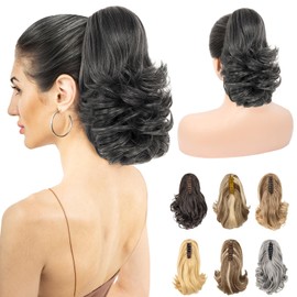LuxeHair 11” Classic Loose Curly Claw Clip In Ponytail Extension, Short Curly Wavy Claw Clip On Ponytails Hair Extensions Hairpieces for Women- Dark Gray