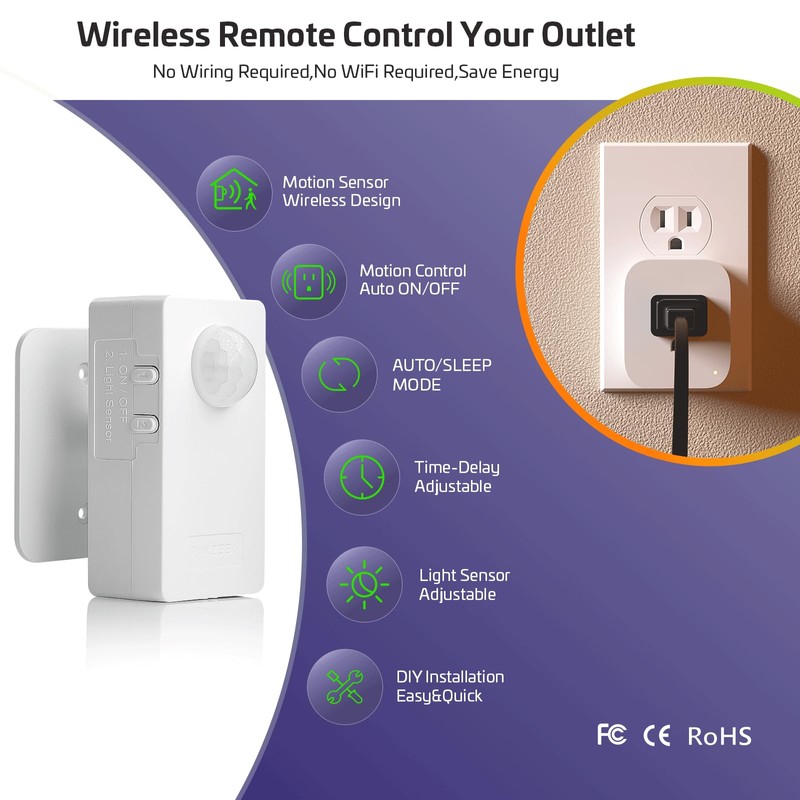 RAYZEEK Wireless Motion Sensor Plug Kits,No-Wire Mini PIR Sensor Switch