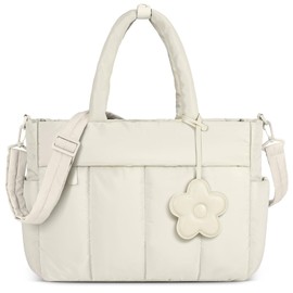 RAINSMORE Tote Bag for Women with Zipper Puffer Tote Bag Large Laptop Tote Bag Lightweight Puffy Quilted Travel Tote Bags with Shoulder Strap Work Nurse Bag Shoulder Bag Handbag for Travel Gym, Beige