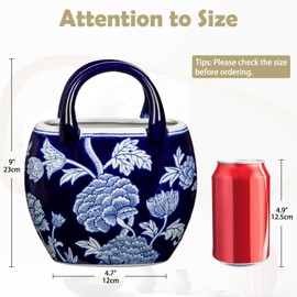 Ceramic Purse Vase for Flowers, Navy Blue and White Porcelain Vases for Centerpieces Decorative Small Handbag Vases for Flowers Pottery Chinoiserie Vase for Living Room Kitchen Dinner Table Shelf