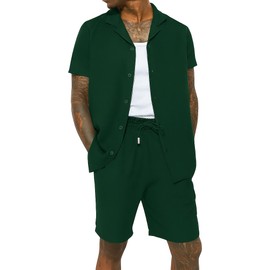 Mens Crinkle Textured Co-ord Shirt Short Set Anti Wrinkle Two Piece Breathable Top & Bottom Summer Beach, Green, L