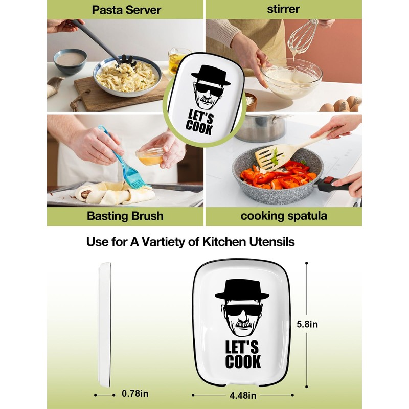 PWHINGN Funny Let's Cook Ceramic Patterned Fork Spoon Rest, White