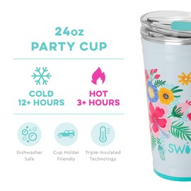 Swig Life 24oz Party Cup, Stackable Insulated Party Cup with EZ Flow Lid, Cup Holder Friendly, Dishwasher Safe, Stainless Steel, Large Travel Tumbler for Hot and Cold Drinks (Island Bloom)