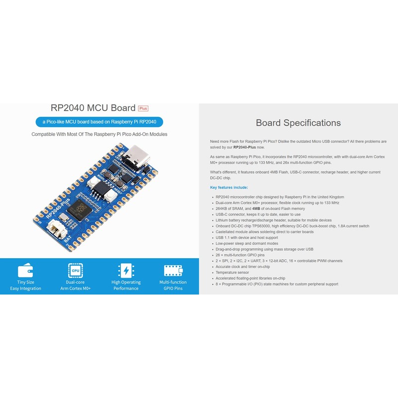 Waveshare RP2040-Plus, A Low-Cost, High-Performance Pico-Like MCU Board Based On