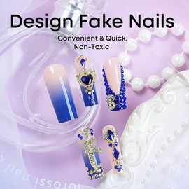 RUOKEXIN Long Square Press on Nails French Tip Fake Nails Blue False Nails with Gold Charms Designs Sparkly Artificial Nails Long Square Glue on Nails Cute Stick on Nails for Women 24Pcs