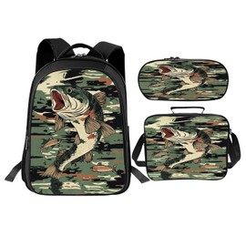 Luxvio Bass Fish School Backpack for Teens Kids Kindergarten Elementary Middle School Fishing 3-Pcs Bookbag, Camo Fish Back Pack for Boys Girls Children Fishing Book Bag, Small Modern Bag