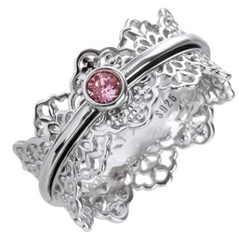 ENERGY STONE 925 Sterling Silver Fidget Ring | Mandala | Women Silver Ring | Silver Lacework | Universe Symbolism | Completeness and Self-Unity | Pink Amethyst Color Austrian Crystal | Size 8