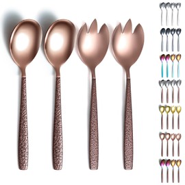Evanda Salad Server Set, Stainless Steel Salad Serving Set Brown Handle and Shiny Rose Gold Head, Salad Spoon, Salad Servers, Salad Fork, Pack of 4