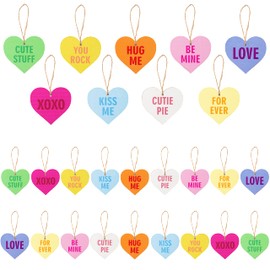 Haooryx 28Pcs Sweet Conversation Candy Heart Wood Ornaments Decoration, Heart Shaped Hanging Decorations Love Heart Embellishments Wood Slices Tag Wedding Ceremony Anniversary Engagement Party Favor